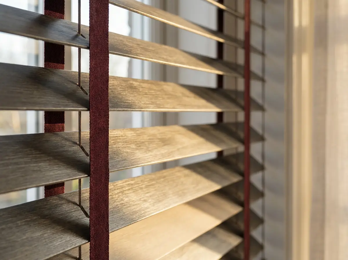 Close-up detail of wood-look venetian blind slats and ladder tape against a sunlit window