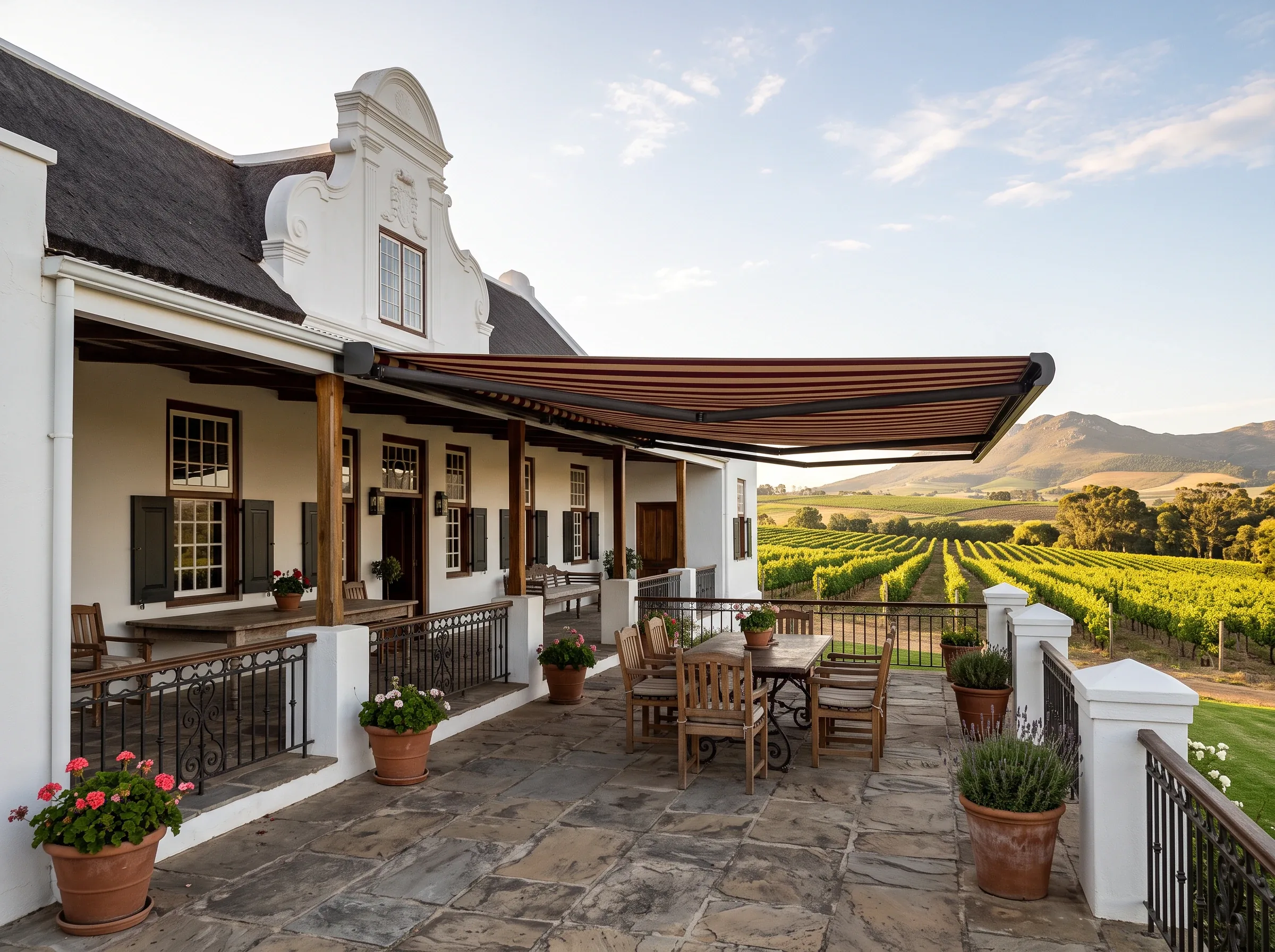 Striped folding-arm awning extended over a stone terrace, mountains visible in the distance