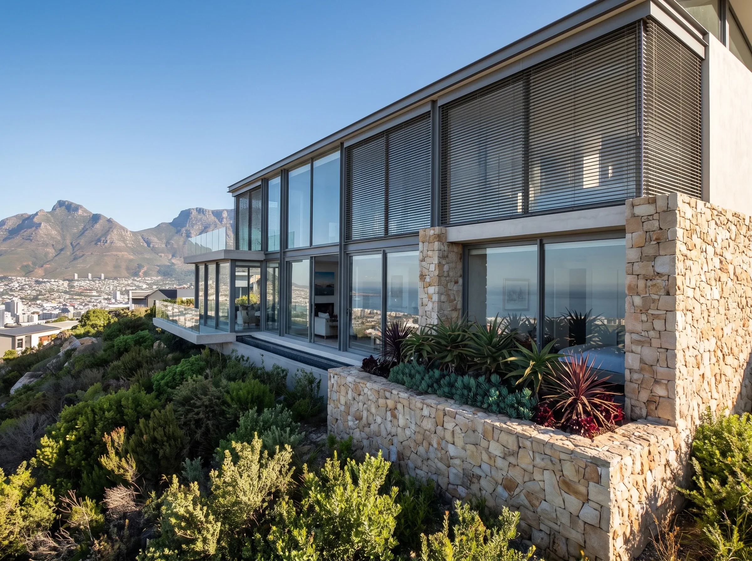 Contemporary glass-walled Plattekloof home on a ridge with external venetian blinds partly closed, Cape Town city and Table Mountain in the distance
