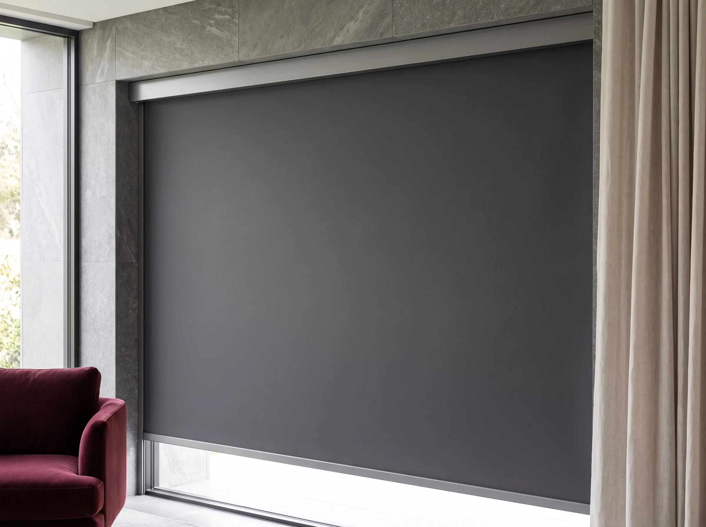 Blockout roller blind lowered across a wide sliding glass door, curtain visible alongside