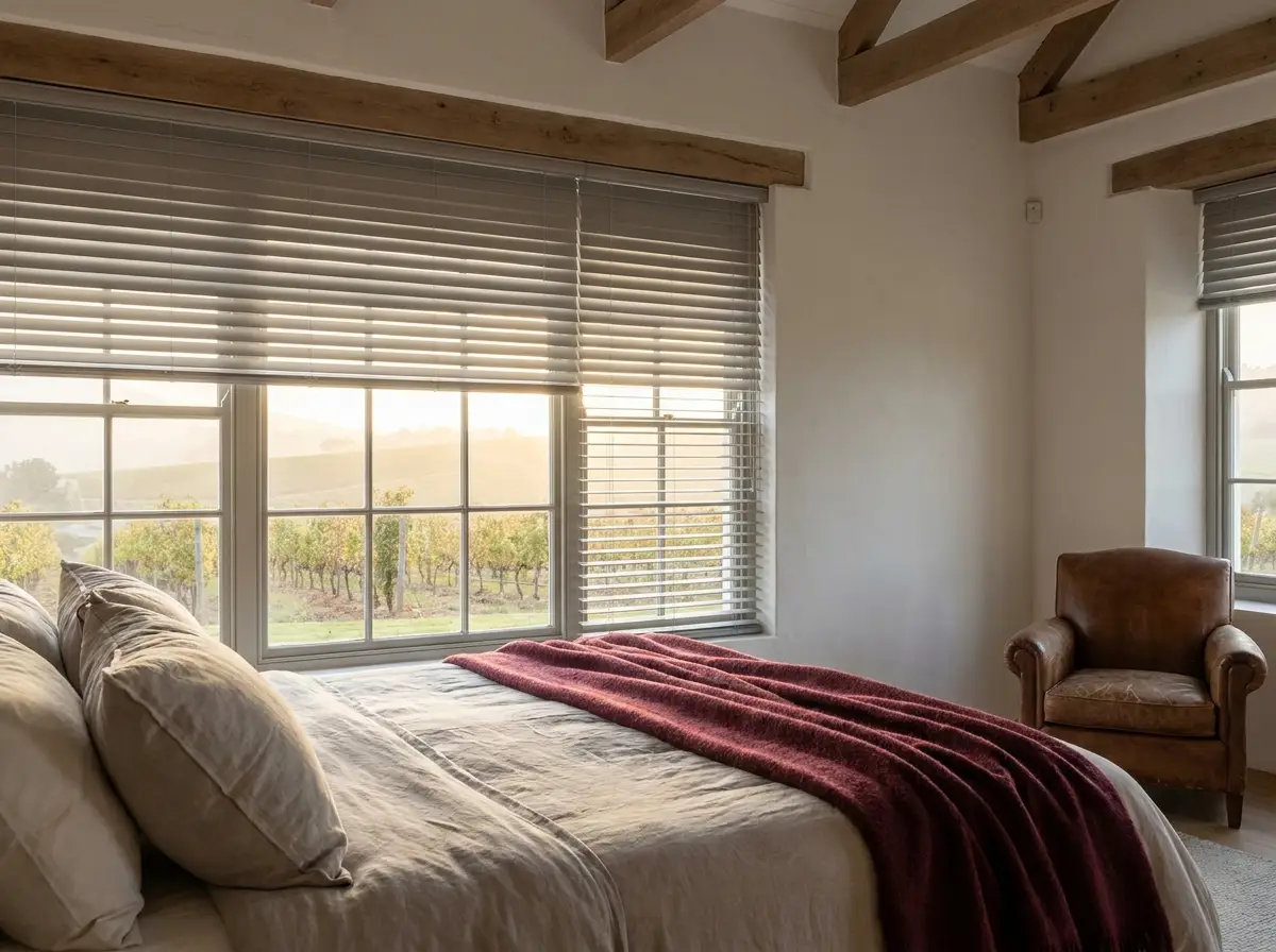 Farmhouse bedroom with venetian blinds partially closed over a vineyard-view window, exposed timber beams, burgundy throw