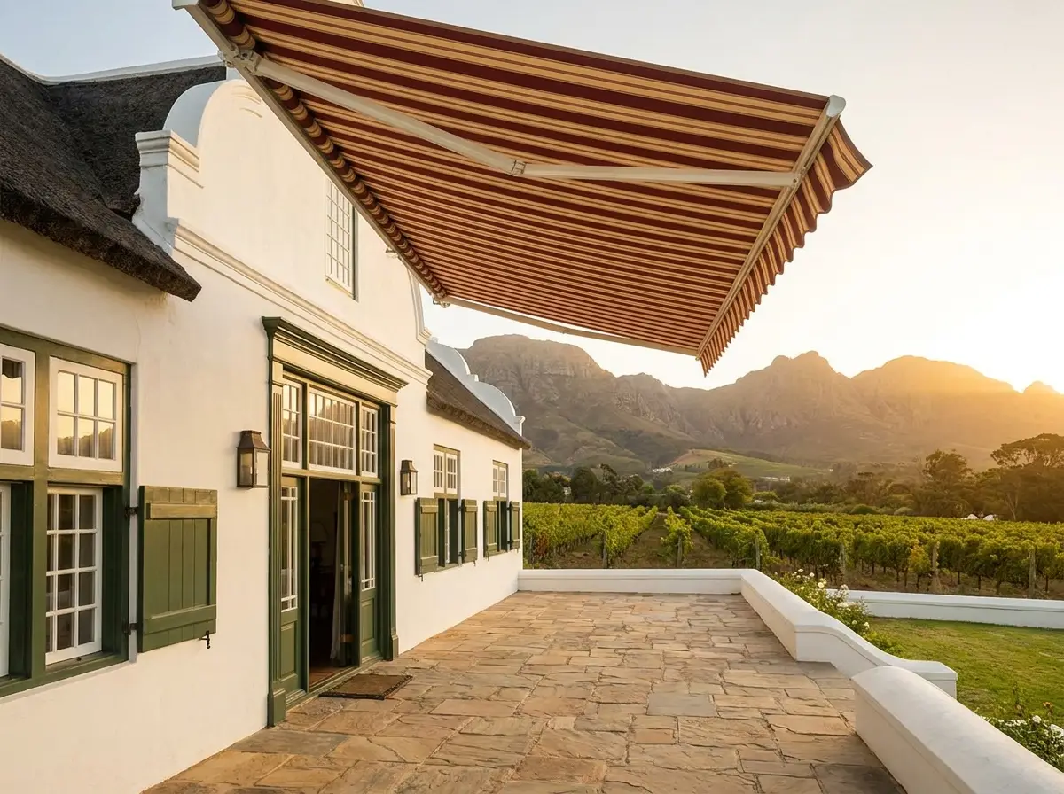 Cape Dutch homestead terrace with a retractable striped fold-arm awning extended over the patio, vineyard and mountains beyond