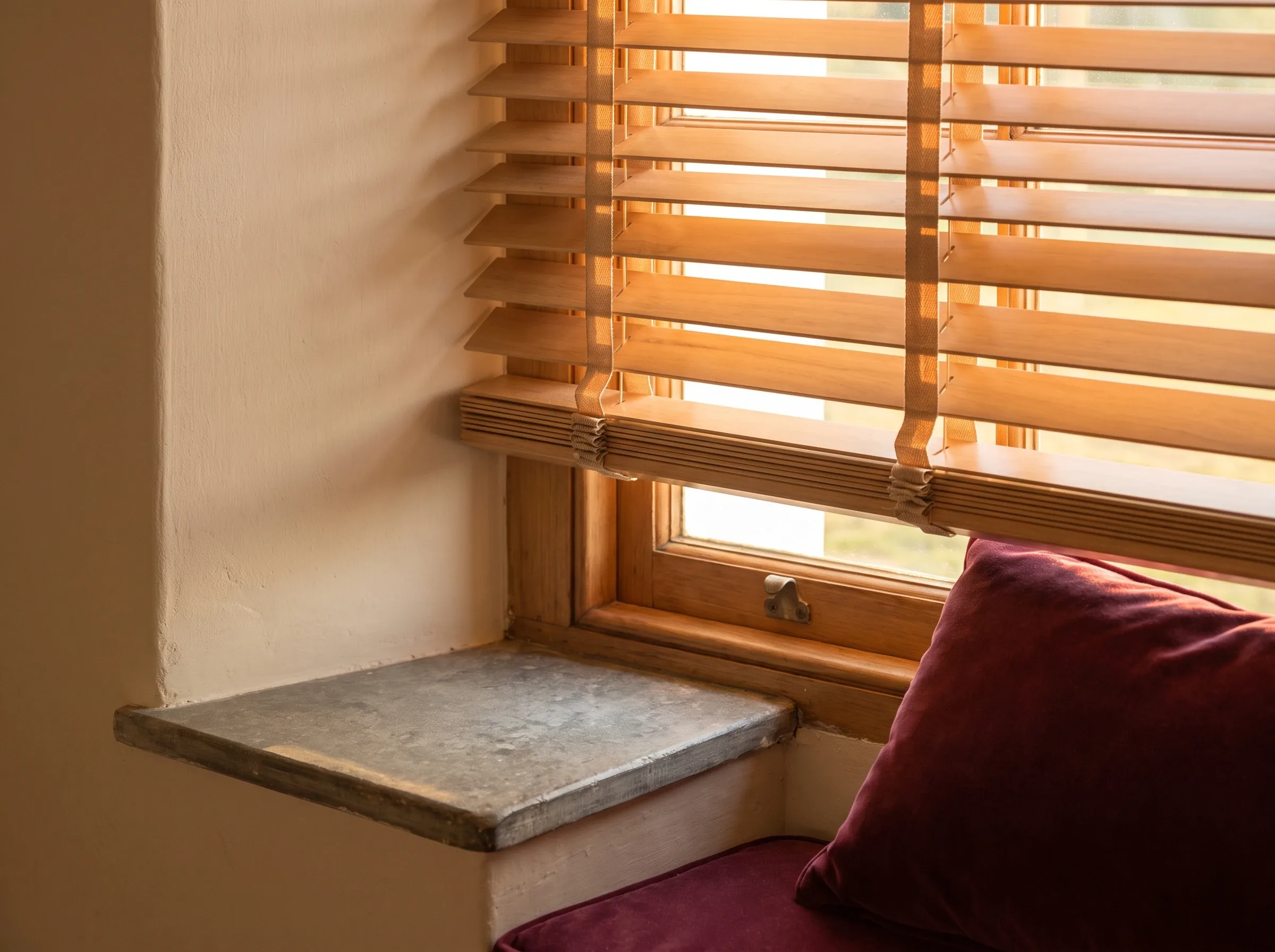 Close-up of warm timber venetian blind slats angled to filter afternoon light beside a window seat