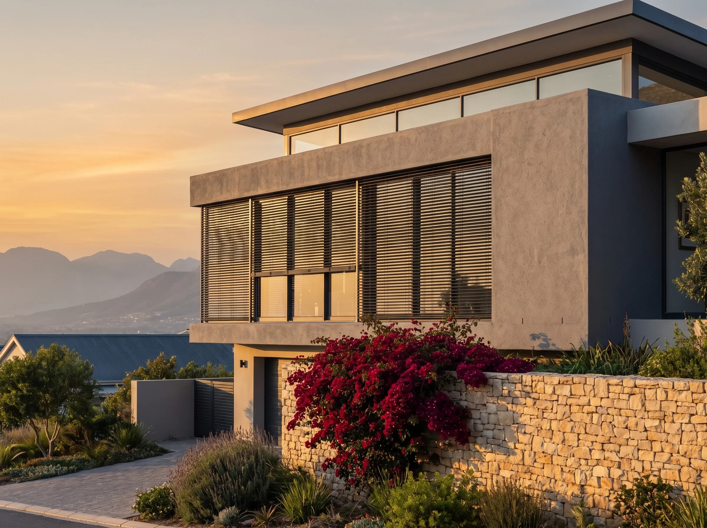 Modern Welgemoed home facade at sunset with external venetian blinds lowered over upper-storey windows